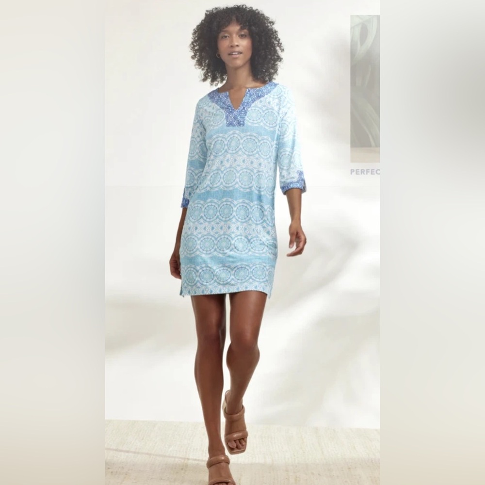 Caribbean Joe Medallion Yoke Aqua Bliss UPF 50+ Tunic Dress Size Medium 3/4 Slv